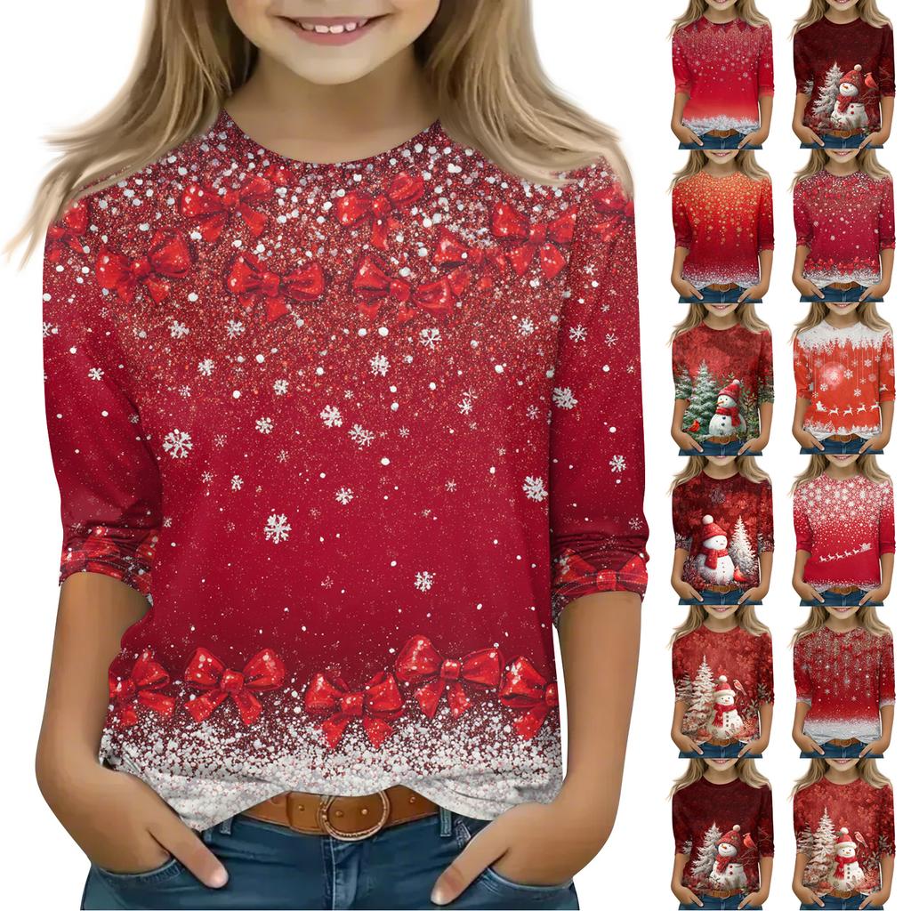 Christmas Day Print Tops For Youth Girls 4-11 Years Round Neck 3/4 Sleeves T-Shirts Trendy Tops Outfit Tees