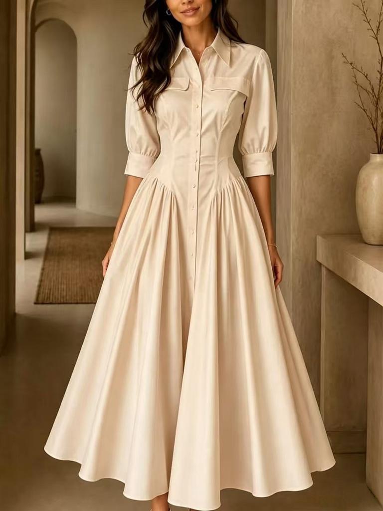 Women Lapel Collar Button Down Midi Dress Puff Sleeve Casual Loose Fit Vintage Elegant Long Dress