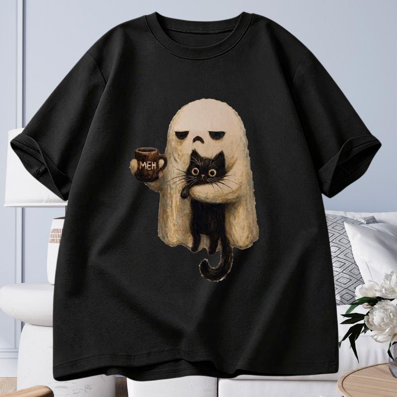 GhostCat Spooky Black Cat Aesthetic Graphic Tops Women Unisex Tshirts Funny Introvert Halloween Coffee Lover Gift Ins Yk Clothes