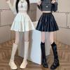 2025 High-Waisted Black PU Leather A-Line Mini Skirt - Stylish Pleated Design for Women