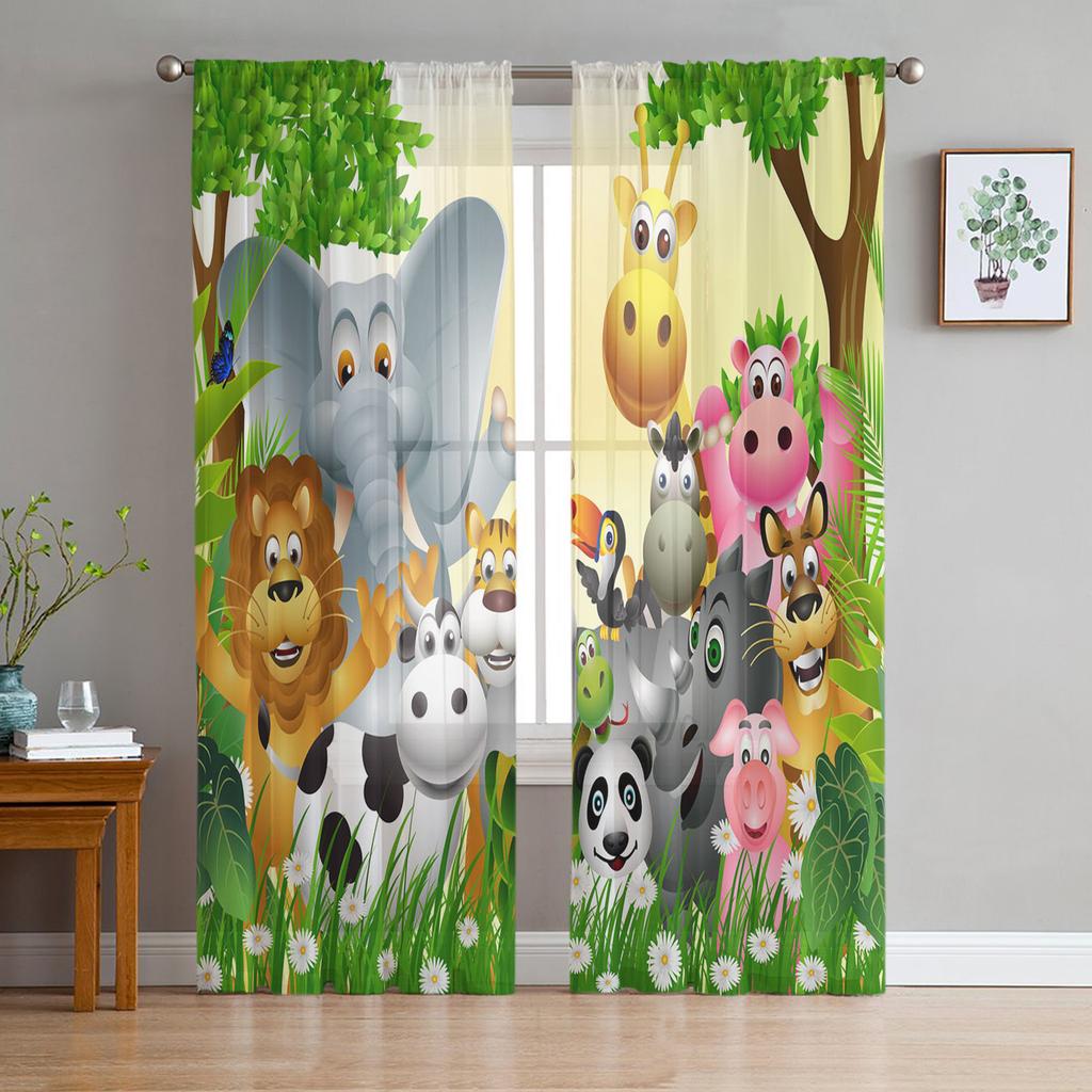 Forest Animal Cartoon Fox Deer Bear Tulle Sheer Window Curtains for Living Room Kitchen Children Bedroom Voile Hanging Curtain