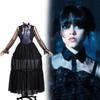 The Addams Family Wednesday Cosplay Costume With Black Hollow Out Dress For Halloween And Party