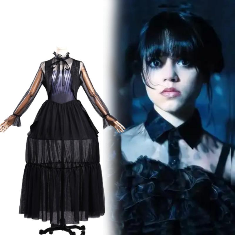The Addams Family Wednesday Cosplay Costume With Black Hollow Out Dress For Halloween And Party