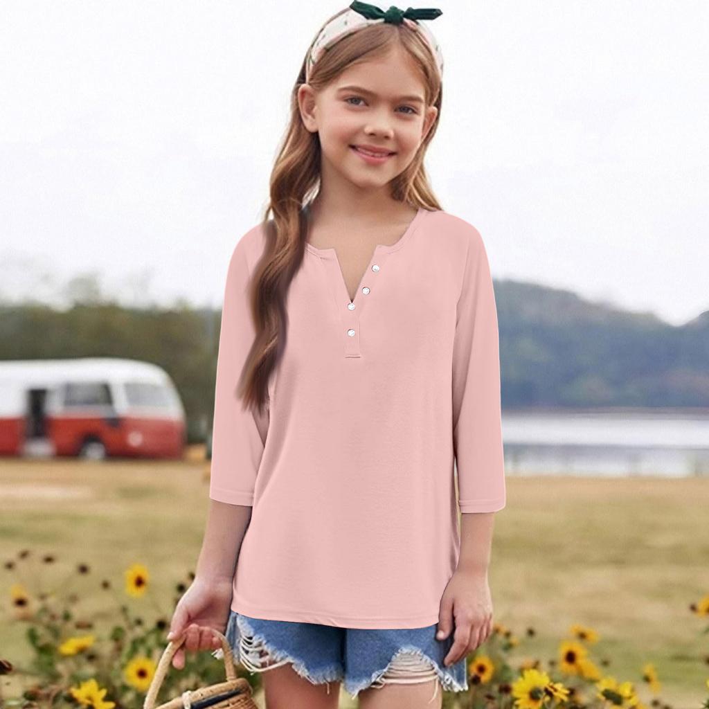 Print Tops For Youth Girls Round Neck 3/4 Sleeves T-Shirts Trendy Tops Outfit Tees