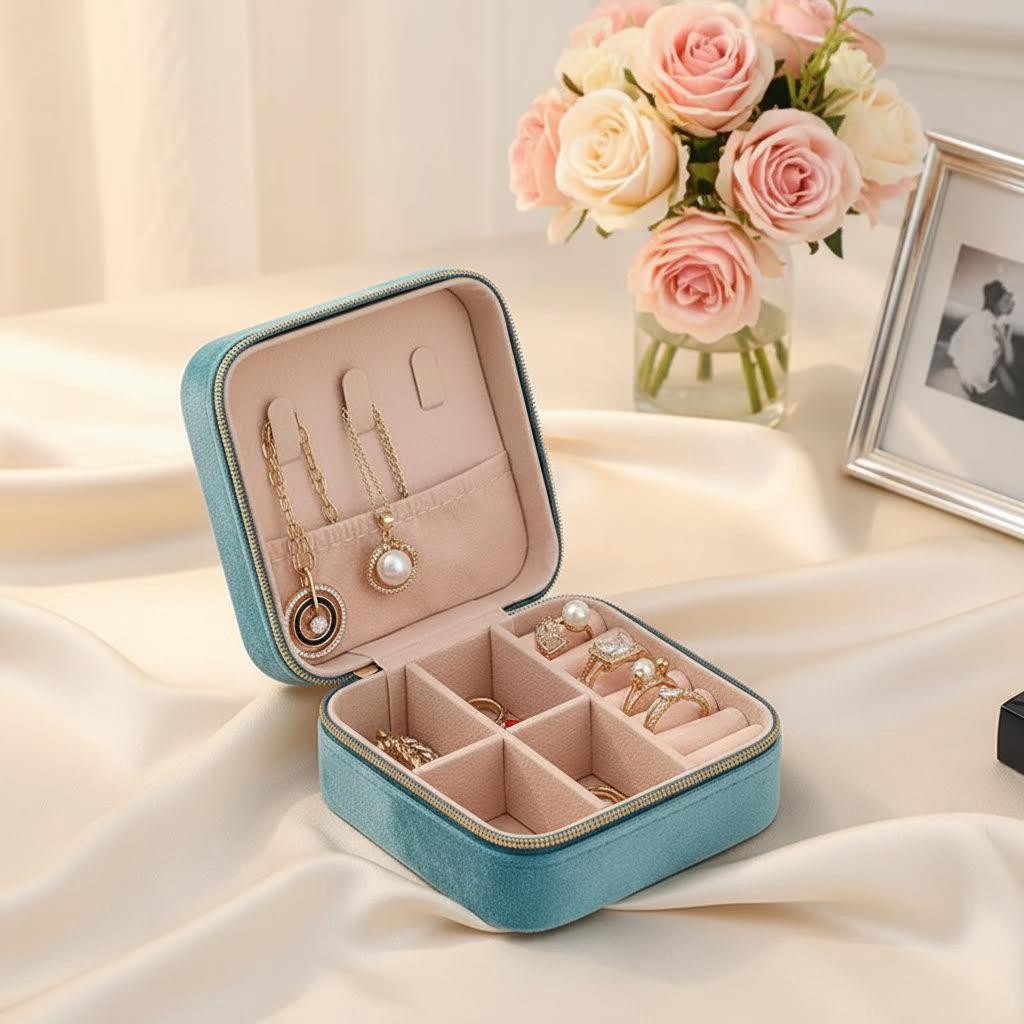 Velvet Jewelry Box For Women Necklace Ring Earrings Organizer Holder Travel Portable Zipper Square Jewelry Storage Case