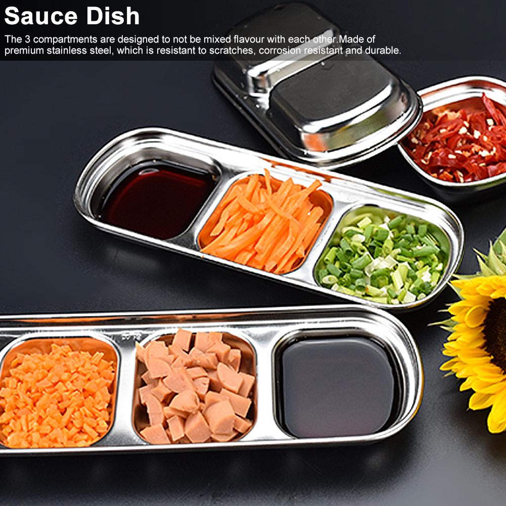 Edelstahl Drei Fächer Saucenschale Gewürzschale Snackteller Lebensmittel Dippschale für Zuhause Küche
