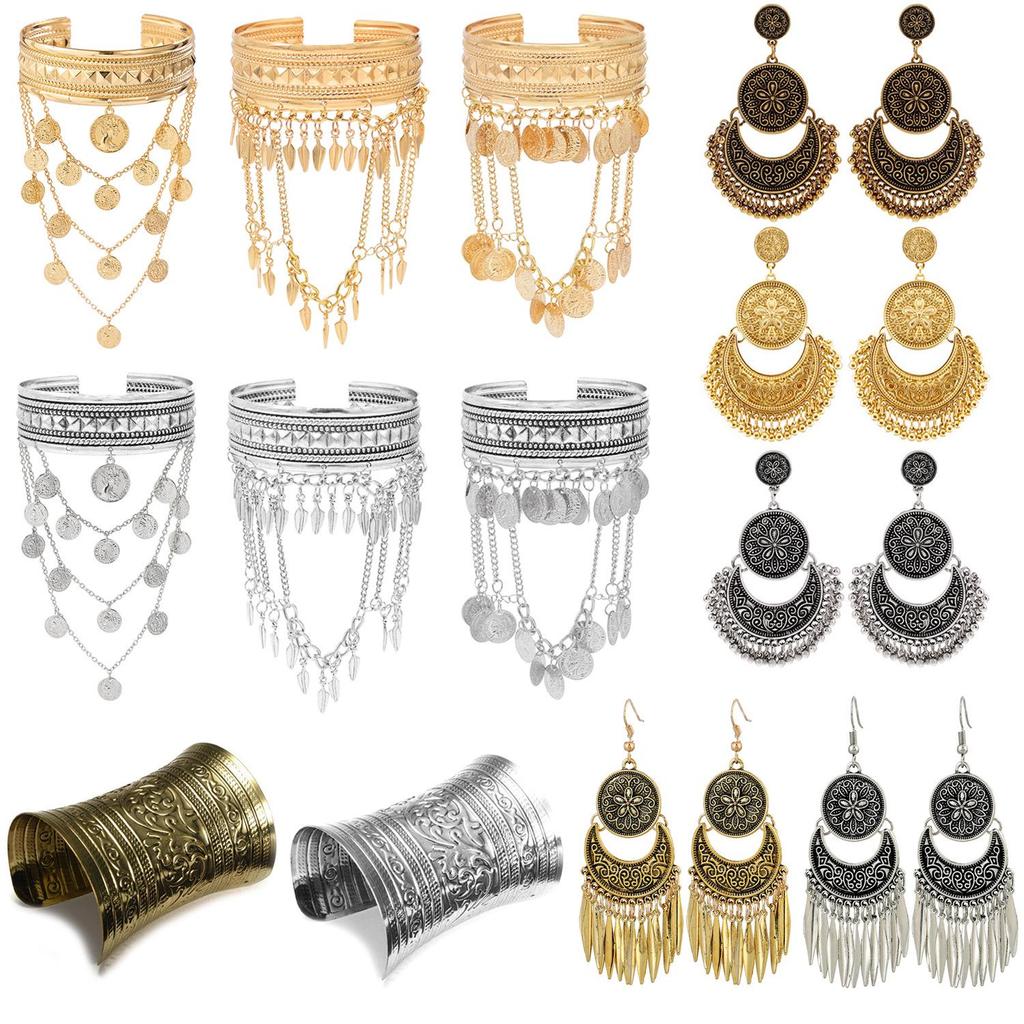 Stylish Ethnic Dance Cuff Armband & Long Dangle Earrings Set