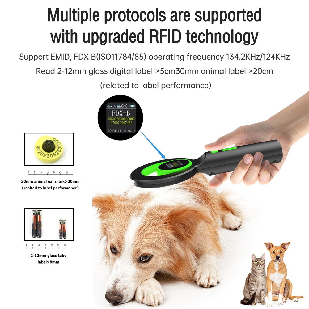 Animal Microchip Pet Tag Scanner ID Reader RFID Animal Labels Handheld Reader BT USB 2.4G Connect with 240pcs Informations Storage Function OLED Scre