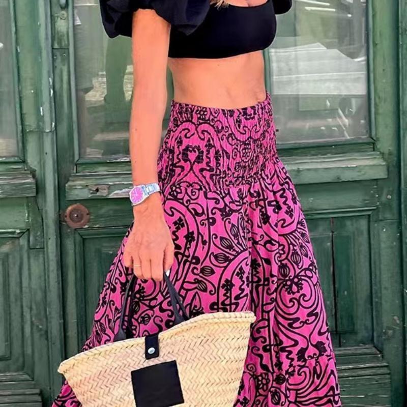 Fashion New Vintage Floral Print Skirt Women High Waist Elegant A Line Casual Skirts Female Summer Beach Loose Lady Long Shirt Women Clothing 24351