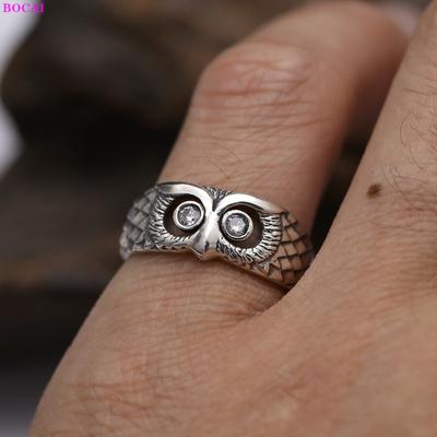 S925 Sterling Silver Rings Fashion Personality Owl Head Argentum Ornament  Popular Thai Silver Hand Jewelry For Women