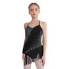 Mädchen Latin Dance Kostüm Ärmellos Neckholder V-Ausschnitt Rückenfrei Glänzend Strasssteine Quasten Leotard