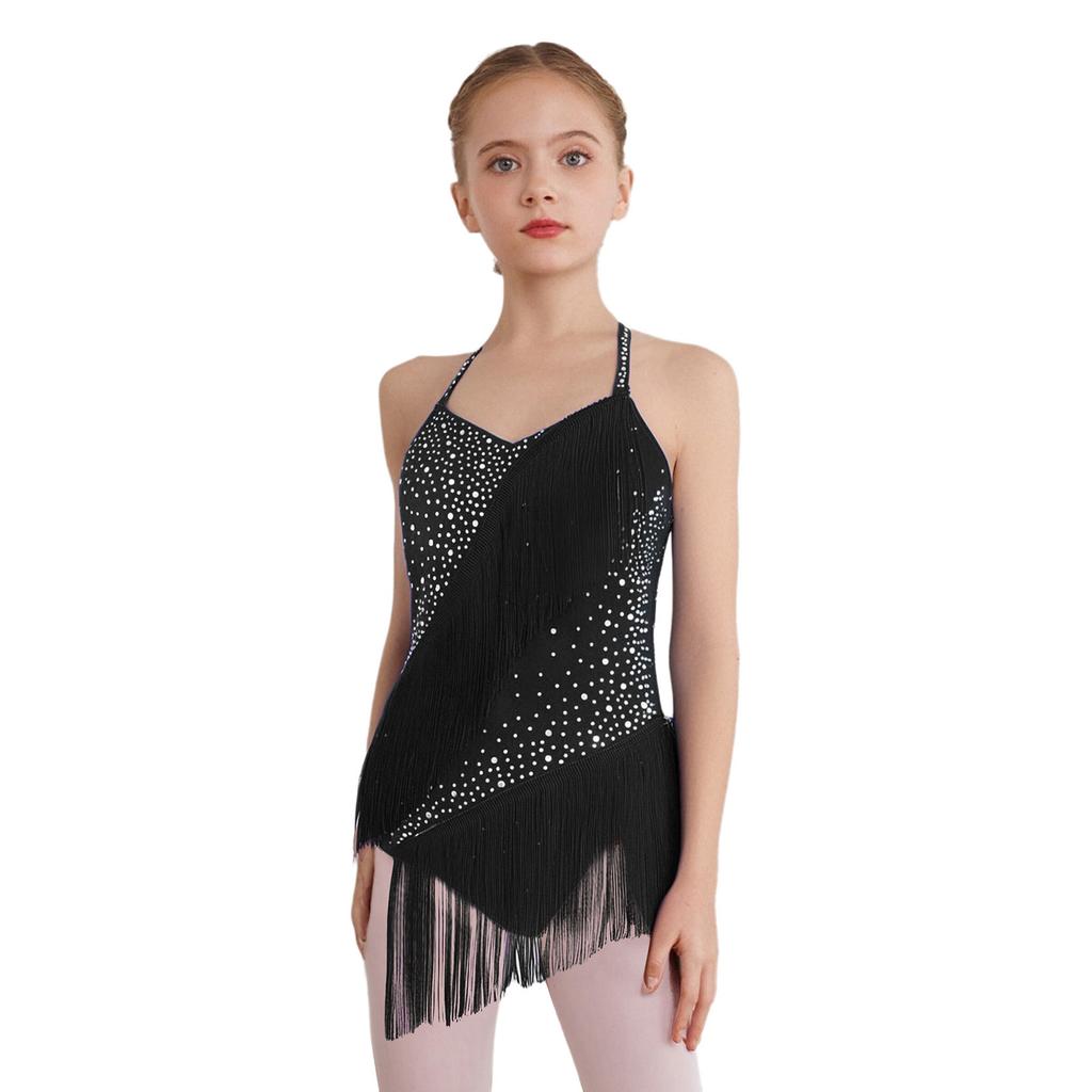 Mädchen Latin Dance Kostüm Ärmellos Neckholder V-Ausschnitt Rückenfrei Glänzend Strasssteine Quasten Leotard