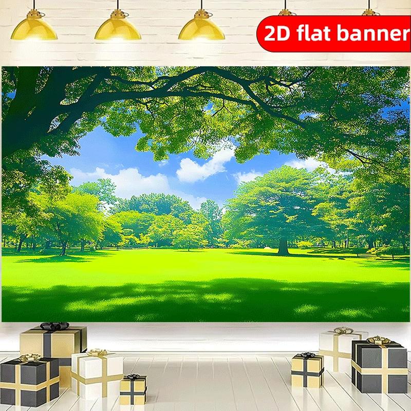 2D flat printing party banner: 1 green grass and tree background banner