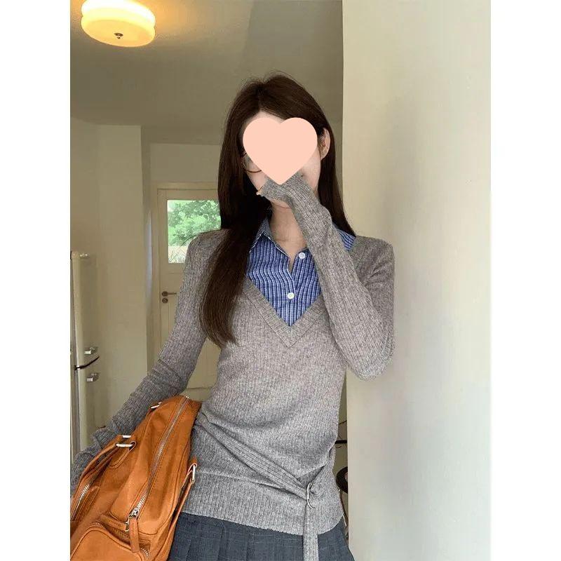 Damen 2025 Herbst Slim Fit Colorblock Patchwork Zwei-in-Eins Langarm Kragen Oberteil