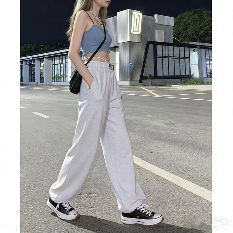 Women's Retro High-Waist American Flag Patch Grey Sweatpants - Y2K Wide-Leg Street Style