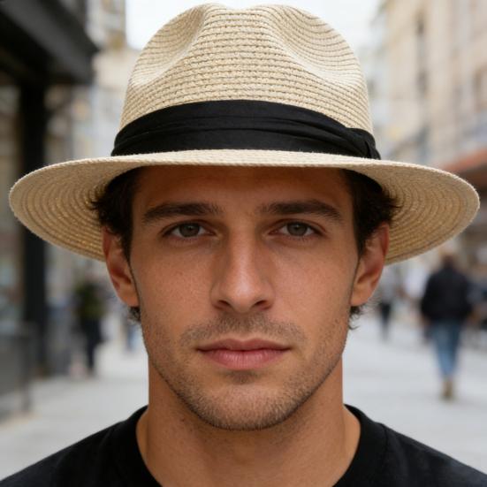 Panama Hat Women Men Wide Brim Straw Beach Hat Ribbon Decor Breathable Elastic Fit Summer Sun Hat Vacation Accessory