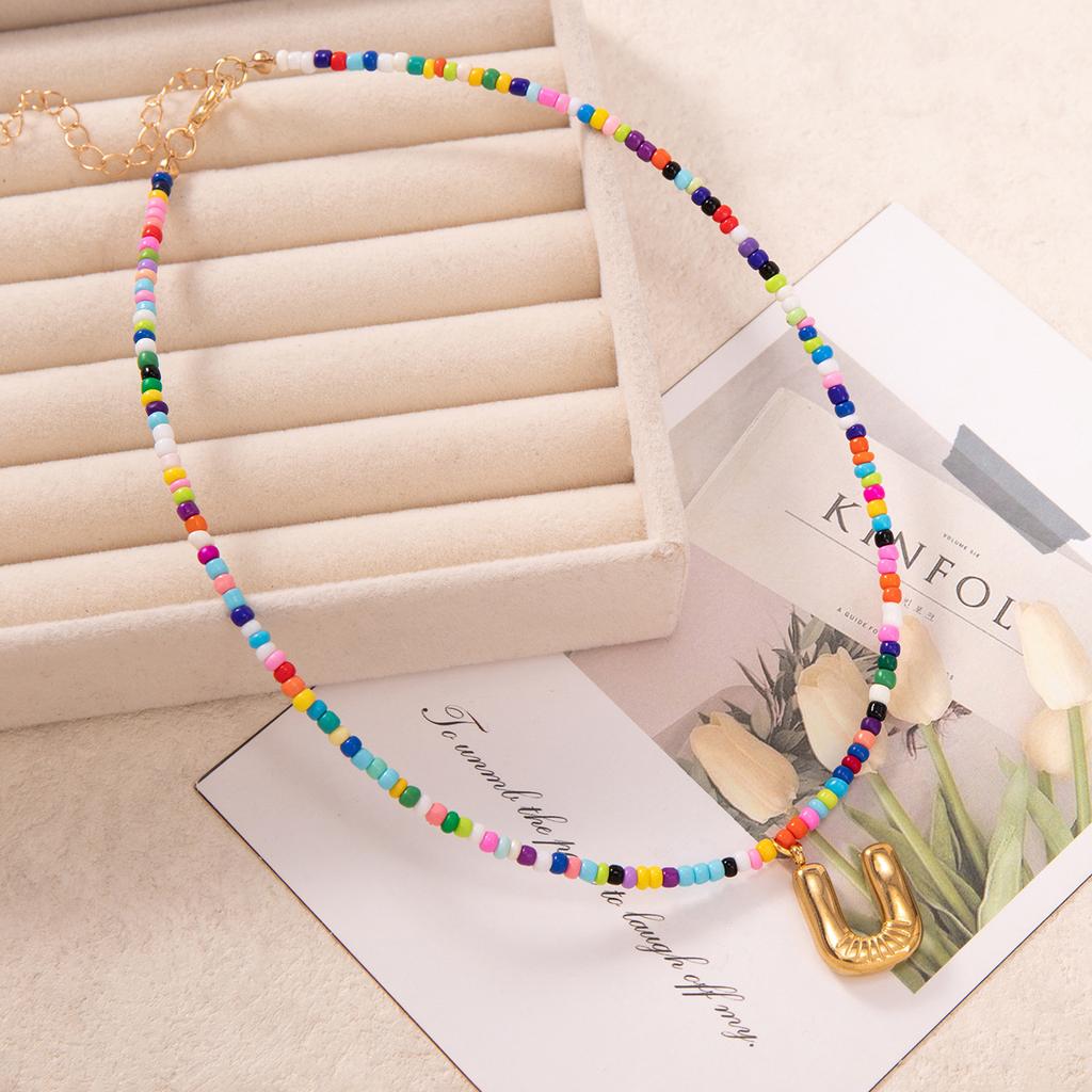 Bubble Alphabet Colored Rice Beads Handmade Beaded Delicate Beach Bohemian Necklace Collarbone Chain
