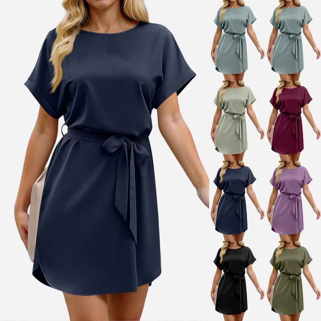 Womens Summer Short Dresses O Neck Casual Batwing-Short Sleeve Belted Dress For Women