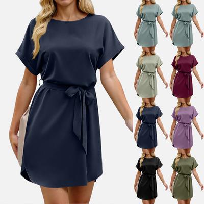 Womens Summer Short Dresses O Neck Casual Batwing-Short Sleeve Belted Dress For Women