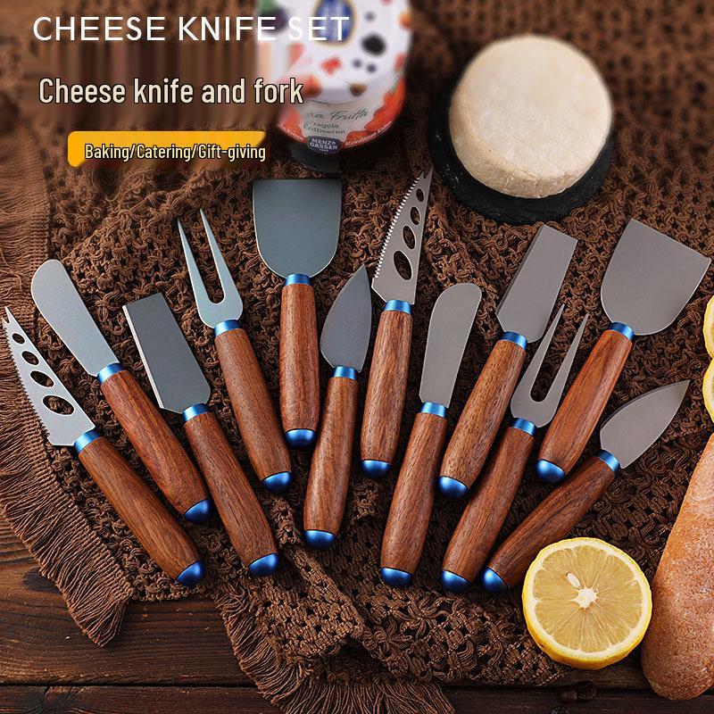 New Style Carved Wooden Handle Cheese and Butter Knife Set with Titanium Alloy Blades