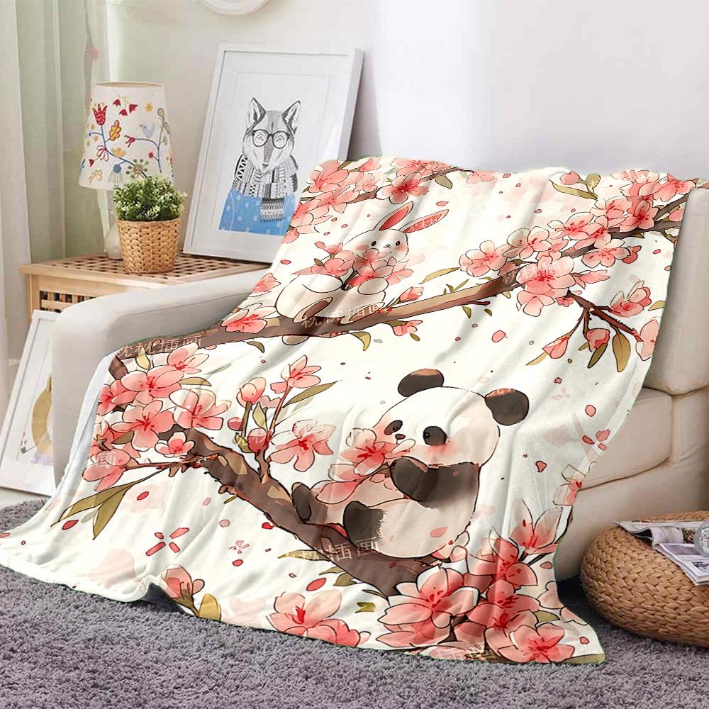 1ks deka s motivem kvetoucí pandy, lehká flanelová přehozová deka na pohovku, postel, cestování, kempování, obývací pokoj, kancelář, gauč035