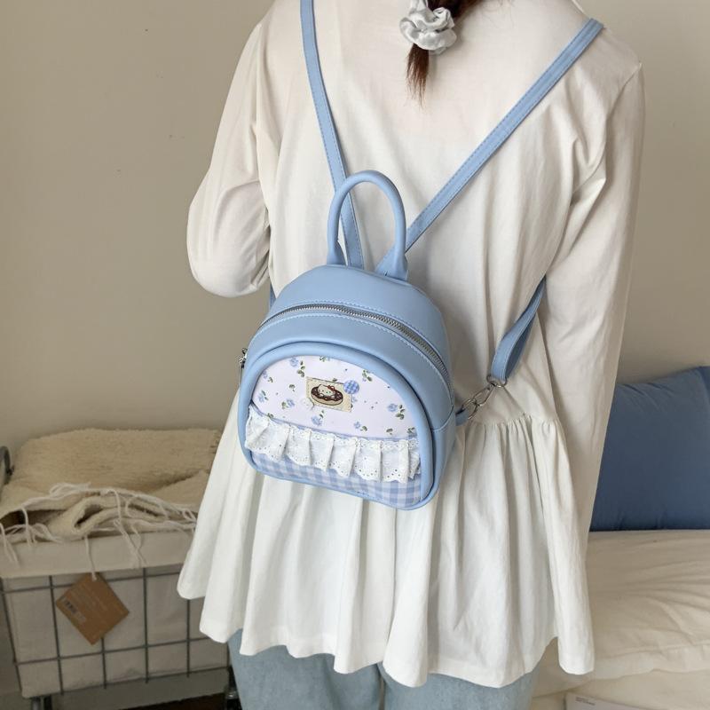 Lace Blue Plaid Floral Cute Backpack Female Versatile Simple Class Commuter Small Backpack