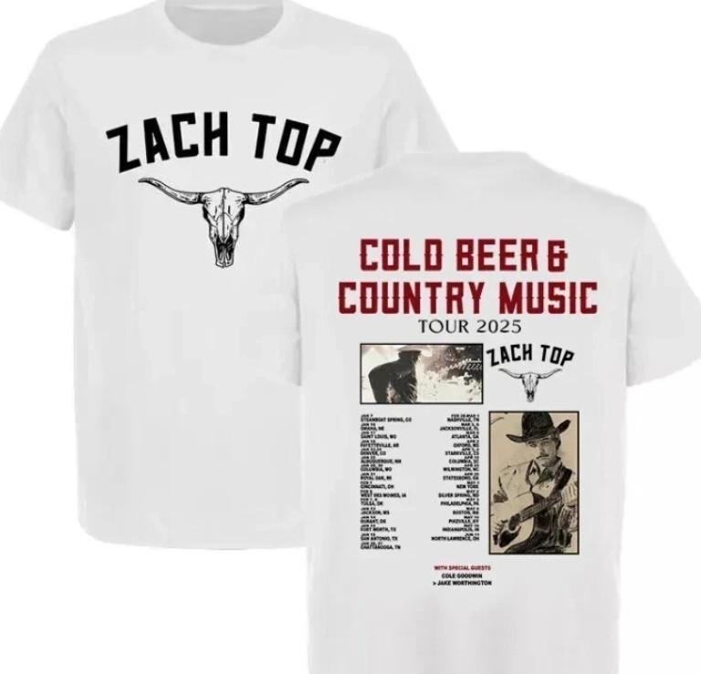 Zach Top Bière Froide Et Musique Country T-shirt Blanc Double Face Tailles Complètes S-5XL