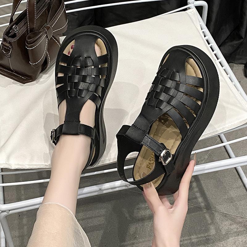 

Retro bag head slippers women s spring new fashion sandals buckle strap woven shoes 40 чёрный