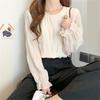 [SYitong] Shirt Blouse, Gathered Shirring Long Sleeve Chiffon Blouse, Lined, Sheer Sleeves, Lightweight Look, Frilled Shirt, Slimming Effect, Figure-F