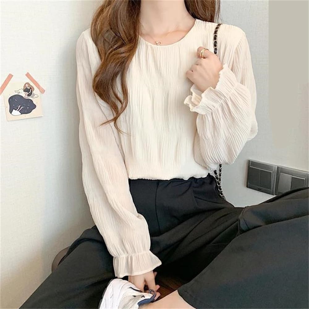 [SYitong] Shirt Blouse, Gathered Shirring Long Sleeve Chiffon Blouse, Lined, Sheer Sleeves, Lightweight Look, Frilled Shirt, Slimming Effect, Figure-F
