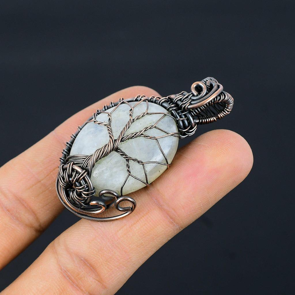 Pingente Envolto em Fio de Cobre 999 Pedra da Lua, Pingente de Gema Feito à Mão, Presente Para a Mãe Joia Antiga