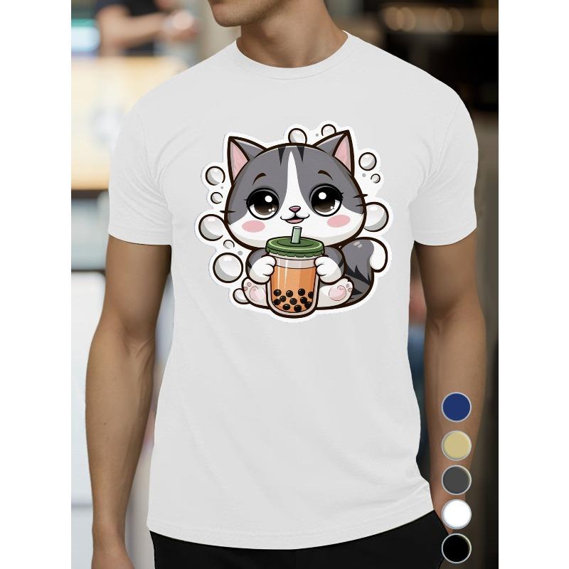 

Мужская повседневная футболка с круглым вырезом, европейский размер, с милым дизайном котика и бабл-ти, 100% хлопчатобумажная трикотажная ткань, легкая эластичность, летний топ с коротким рукавом - Черный S белый