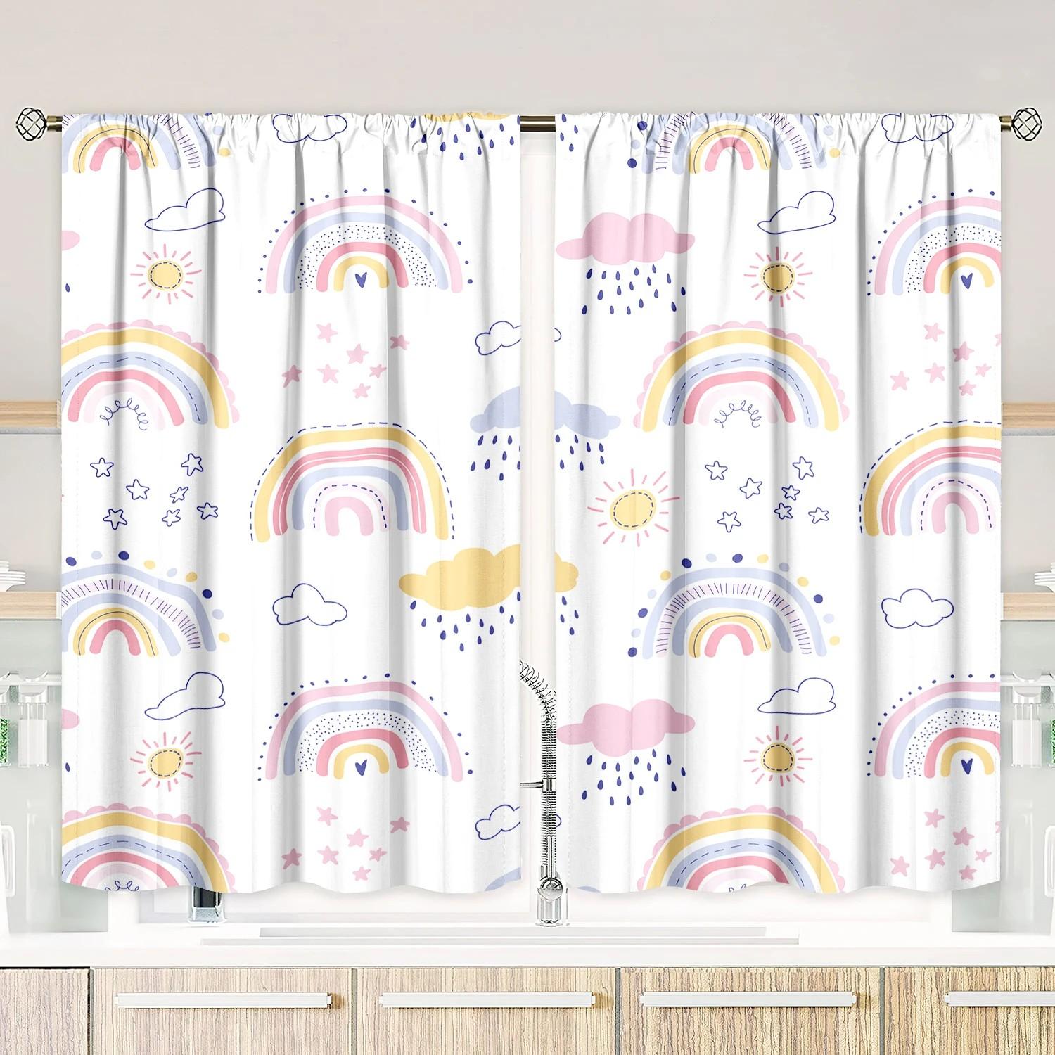2pcs Lovely Rainbow Print Curtain   Room Darkening   Polyester   Nursery Decor   Rod Pocket Curtains 100*130 Rod Pocket 1pcs