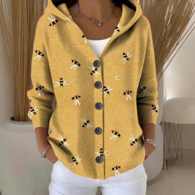 Women S Printed Button Knit Hooded Cardigan Sweatshirt Casual Loose Outerwear