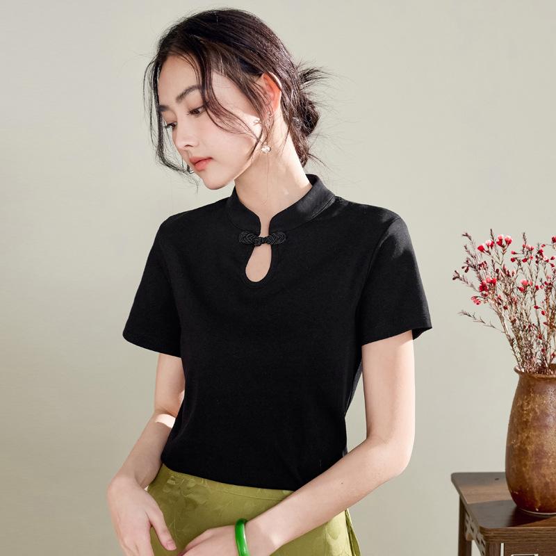 

Девочки 3XL модный тренд лето новый короткий рукав футболка женская новый китайский стиль национальный стиль хлопковый топ XXXL чёрный