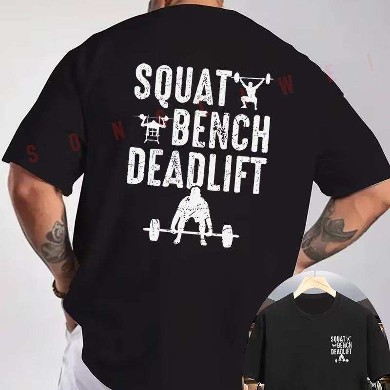Squat Bench Deadlift Graphic Motorcycle T-Shirt Double-Sided Print Men's Short Sleeve Round Ne