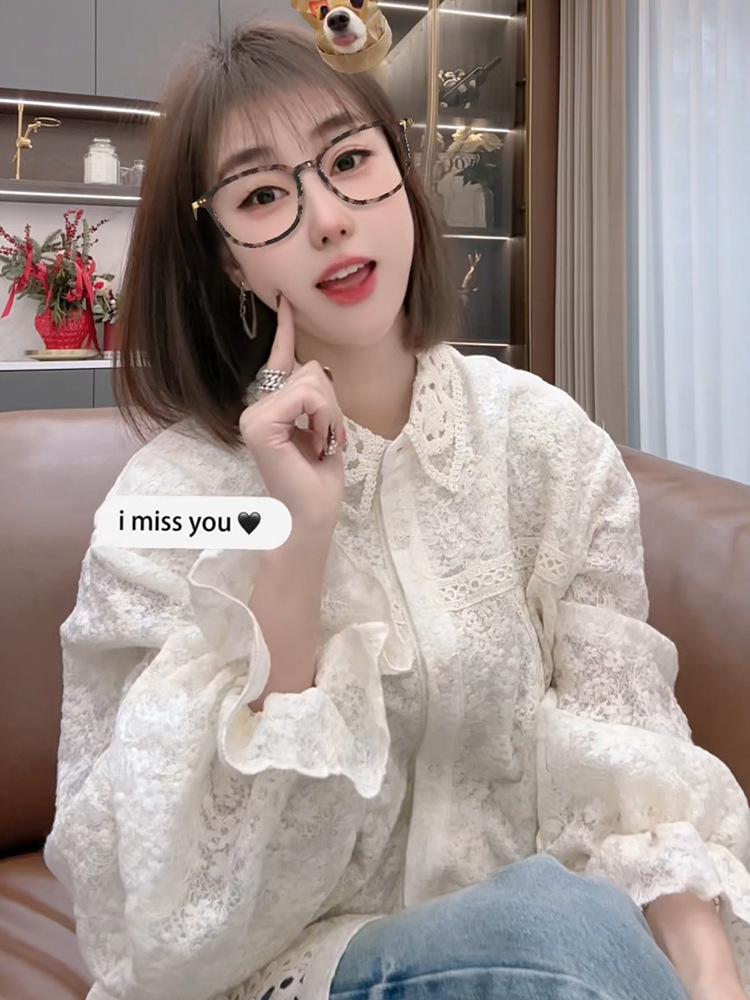 Korean Style Openwork Lace Lapel Blouse - 2025 Spring Women's Loose Fit, Long Sleeve