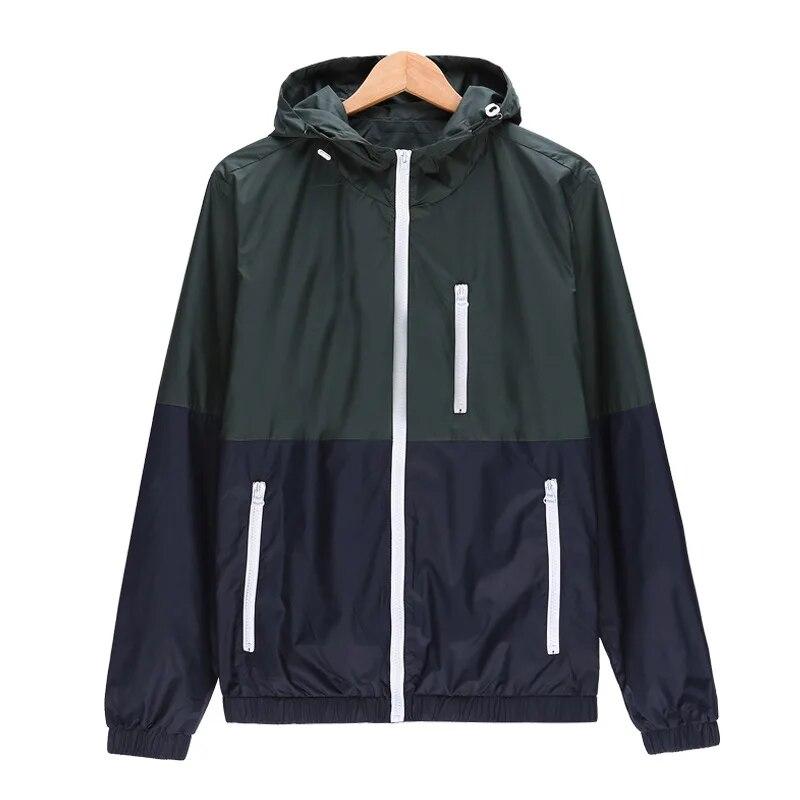 Mens Casual Spring Lightweight Jacket Hooded Clashing Zipper Jacket