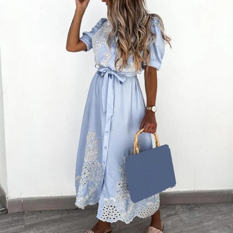 Dámské šaty se šněrováním Letní Elegantní Jednobarevné S Nabíranými Rukávy Maxi Šaty Vestidos Bohemské Letní Šaty Párty Roucho