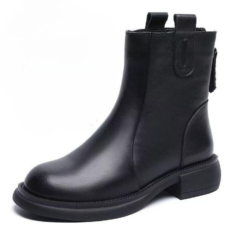 Soft Leather Shoes, Short Boots, Women's New Low-heeled Leather Boots, Retro Back Zipper Boots, Women's Shoes