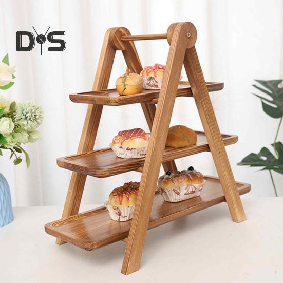 Tavă de servire din lemn cu 3 niveluri, suport pentru brioșe, asamblare ușoară, platou decorativ ușor din lemn, tavă rustică, pentru petreceri și acasă