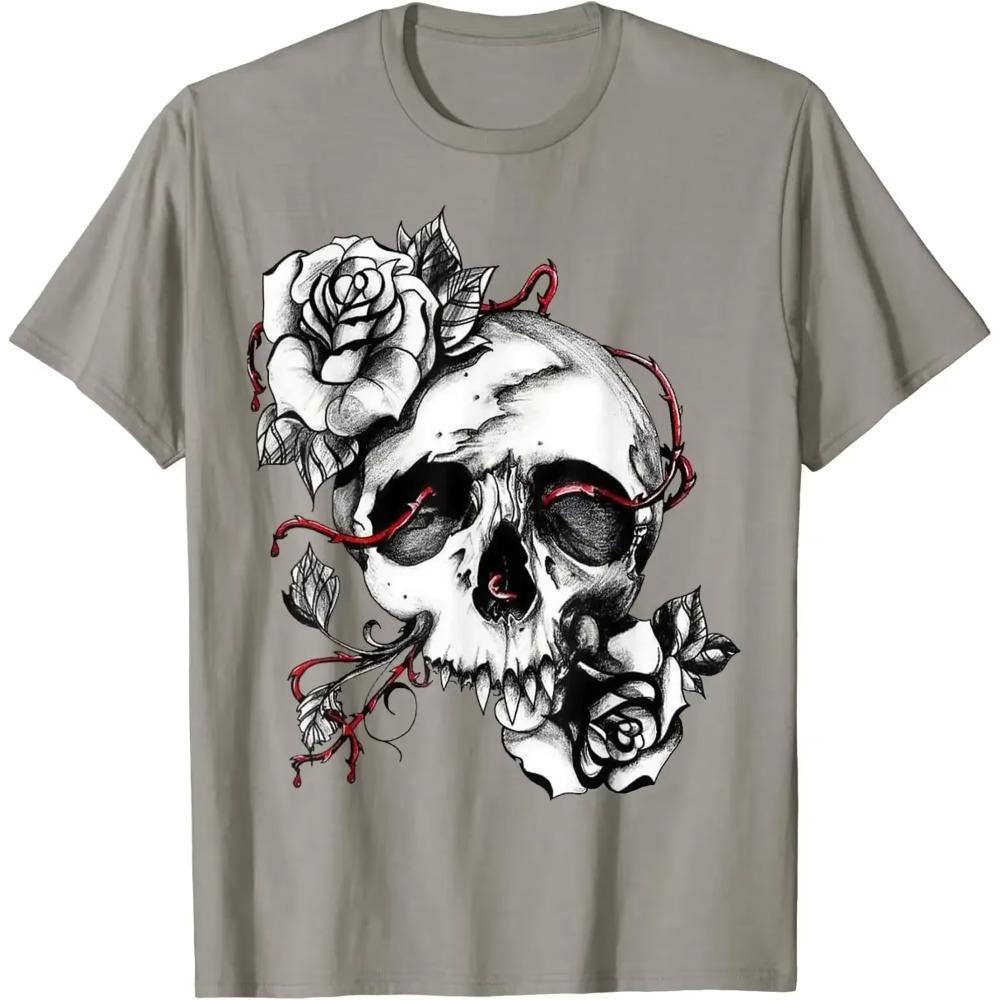 Skull and Roses T-Shirt Men Clothing Oversized T Shirt for Homme Women Casual Cotton Daily Four Seasons Tees Shirts