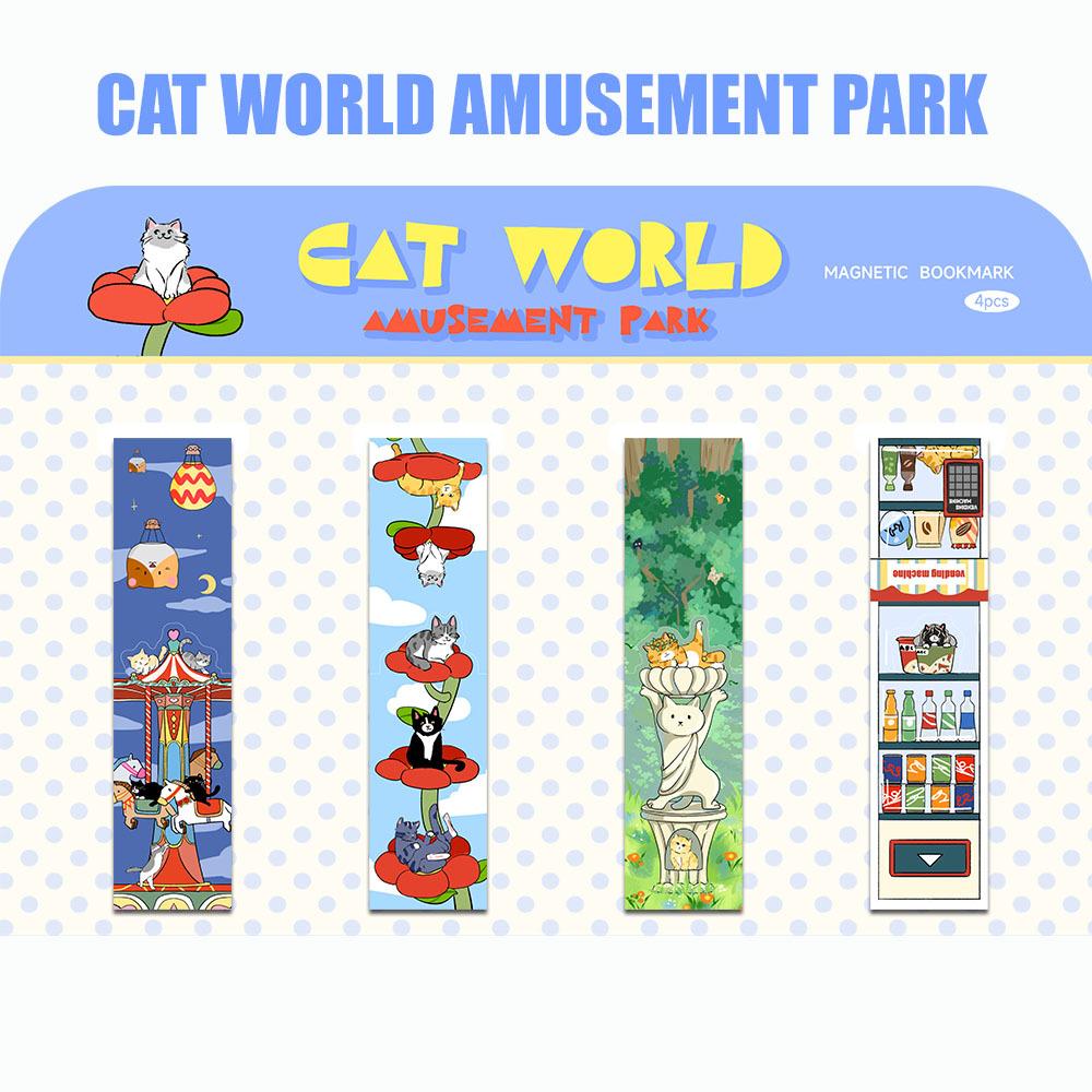 4pcs Cat World Magnetic Bookmarks Set, Cute Cat Cartoon Design Page Clips Book Marker, Unique Reading Gift Stationery