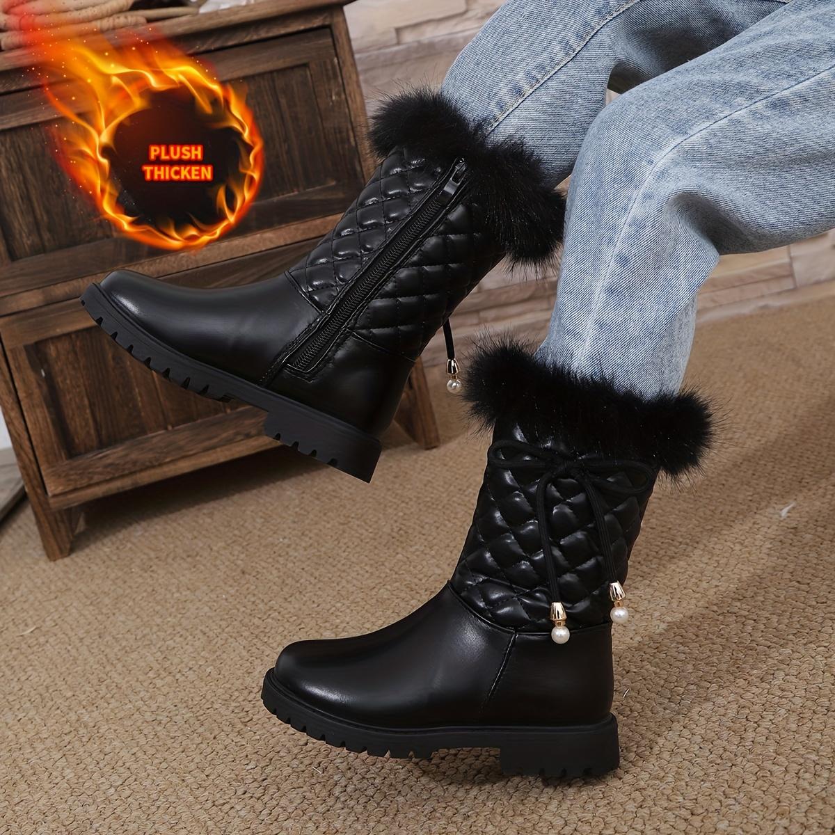 

Дівчачі зимові снігові чоботи з плюшевим штучним хутром на халяві та застібкою-блискавкою - Теплі до середини литки з круглим носком, підошва з TPR, рожеві/ - Затишне повсякденне та святкове взуття для 29 чорний