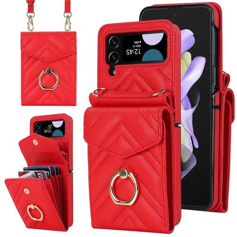 Lanyard Leather Wallet Card Phone Case for Samsung Galaxy Z Flip 7 6 5 4 3 Flip6 Flip5 Flip4 Flip3 Crossbody Ring Holder Cover