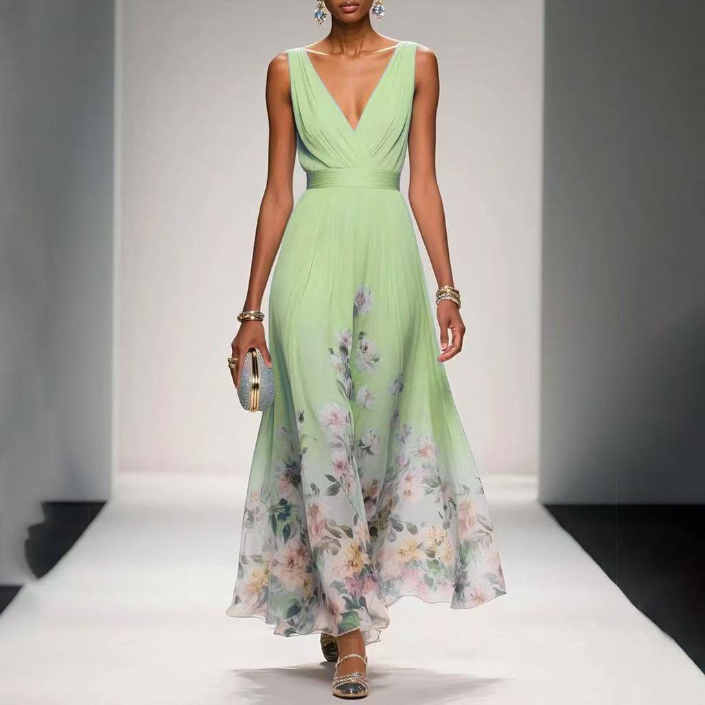 Summer Sexy V Neck Floral Chiffon Dress With Tie Waist For Casual And Party Wear