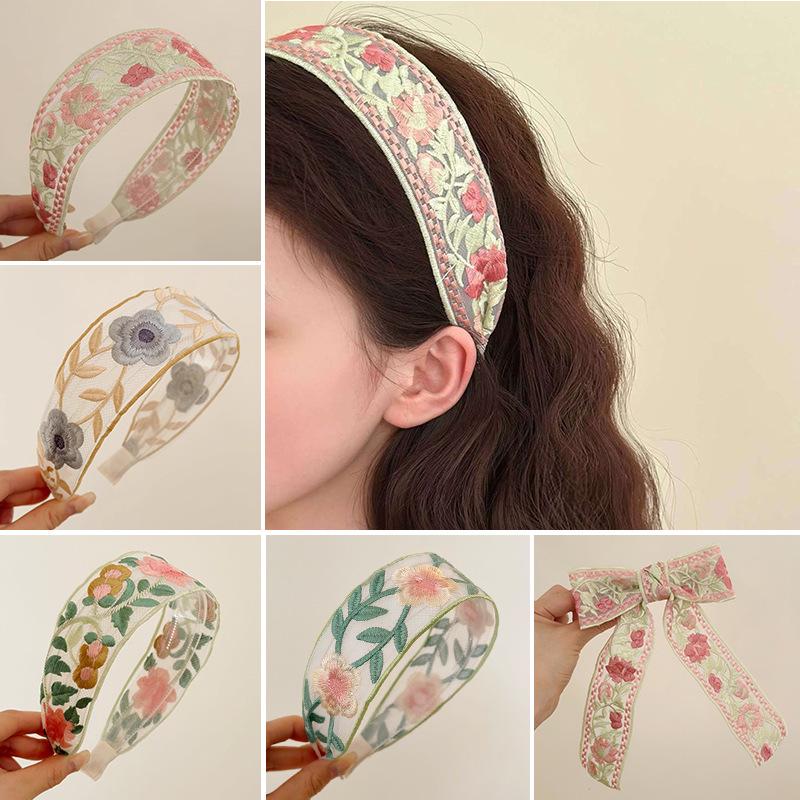 

High-End Floral Embroidery Headband - Women s Ethnic Style with Wide Cotton Linen Edge