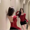 New Style Sexy Hottie Big Halter Strap Chest Pad Long-sleeved Slim T-shirt for Women U-neck Tight Bottoming Shirt for Women
