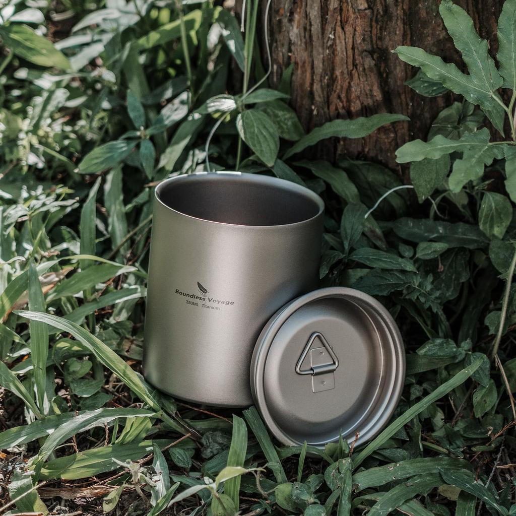 Boundless Voyage Titanium Mug with Double Outdoor Outdoor Camping Mesh Bag Convenient to Carry Lid, 350ml, Wall, Mug, Insulated, Ultra-lightweight,