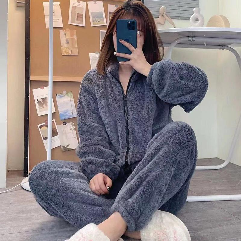 Polka Dot Coral Fleece Couple Pajamas Set Winter Zipper Flannel Men'S Loose Casual Loungewear Girls